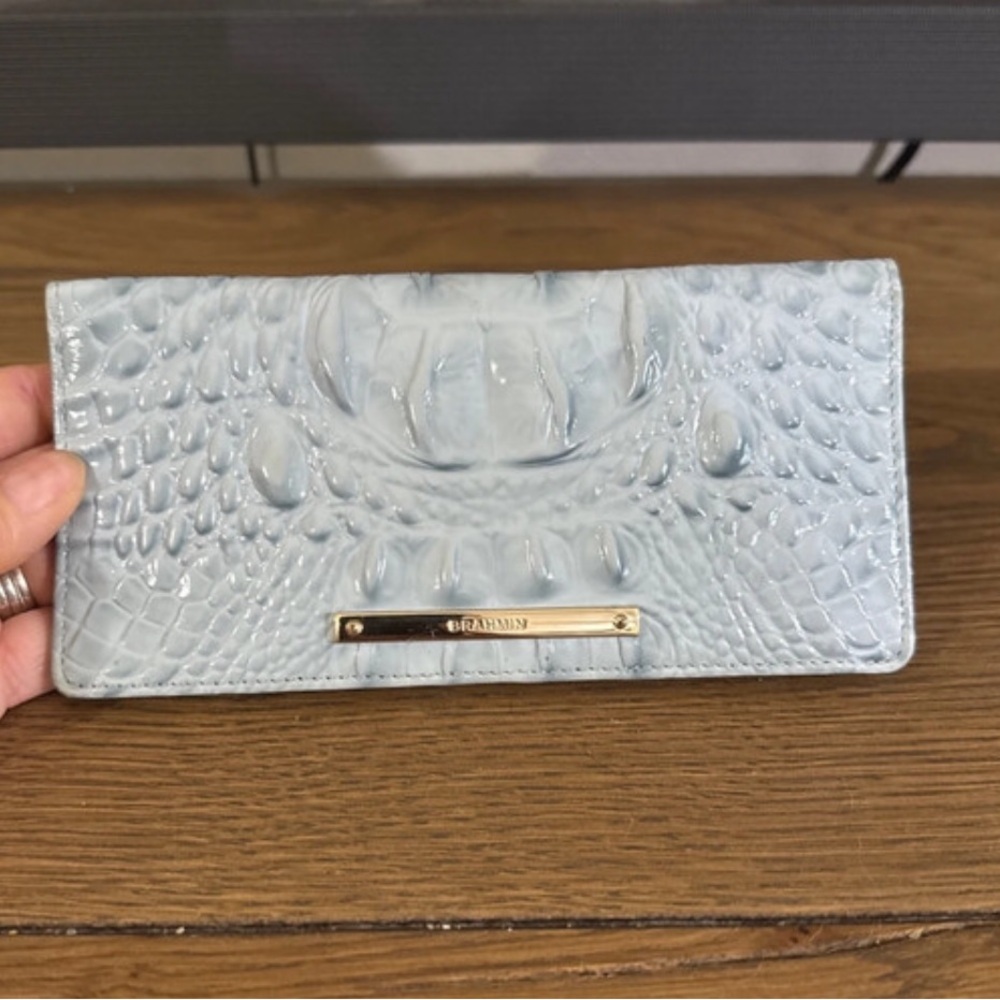 Brahmin Baby Blue Croc-Embossed Leather Wallet with Gold Plaque